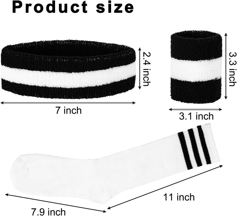 Sucrain 5 Pieces Striped Sweatbands and Socks Set, Sports Sweatbands Wrist Sweat Bands Red, White& Blue High Tube Socks 80s Accessories Costumes for Men Women - Image 2